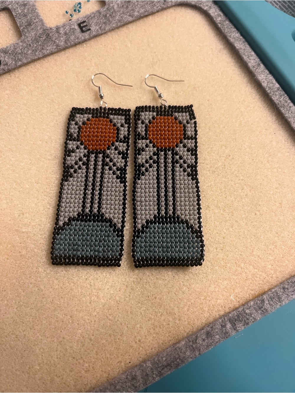 Handmade Beaded Sun & Horizon Drop Earrings - Gray, Blue, Orange